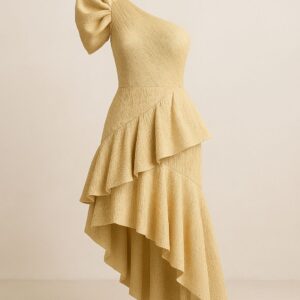 Vestido Assimétrico de Um Ombro Só com Babados em Tom Amarelo Claro