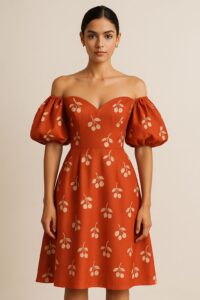 Vestido Midi Floral Terracota Ombro a Ombro