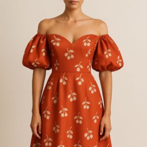 Vestido Midi Floral Terracota Ombro a Ombro