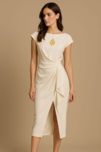 Vestido Midi Off-White com Drapeado com Detalhe All Essence
