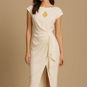 Vestido Midi Off-White com Drapeado com Detalhe All Essence
